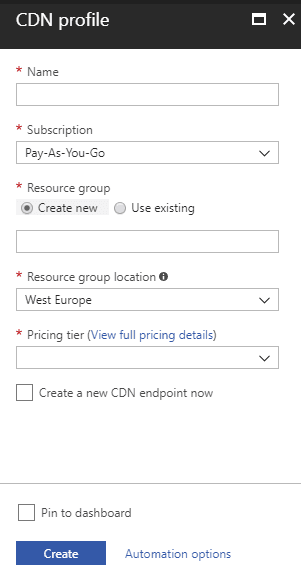 CDN profile creation in Azure portal