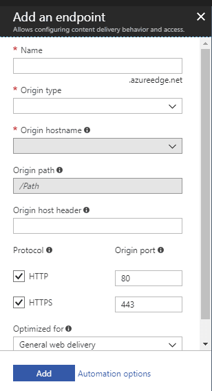 CDN endpoint creation in Azure portal