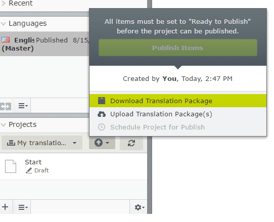 Export translation dialog in Episerver Languages