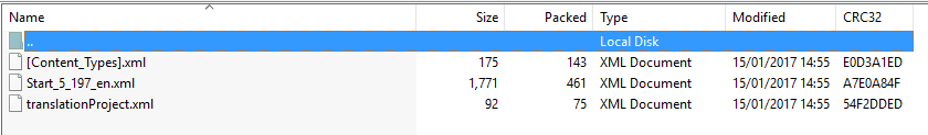 Translation zip file contents showing XLIFF files and translationProject.xml