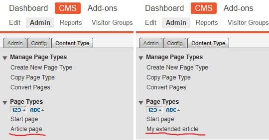 Article page vs Extended article page comparison in Episerver