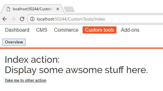 Episerver global menu screenshot showing Custom tools menu item with Overview active