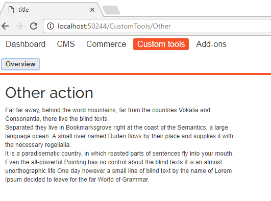 Episerver global menu screenshot showing Custom tools menu context kept active with different URL