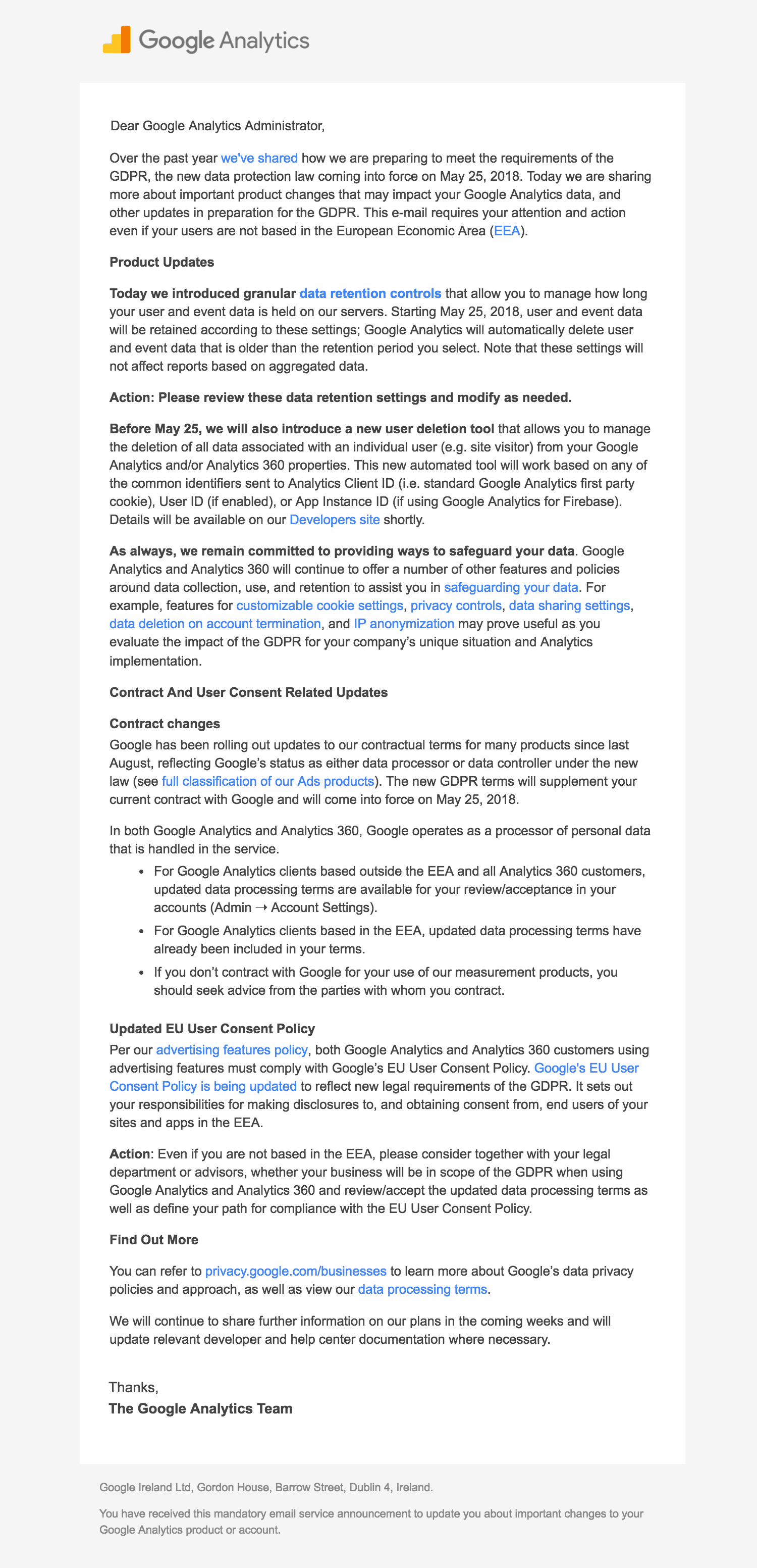 Google email about important updates on Google Analytics Data Retention and GDPR