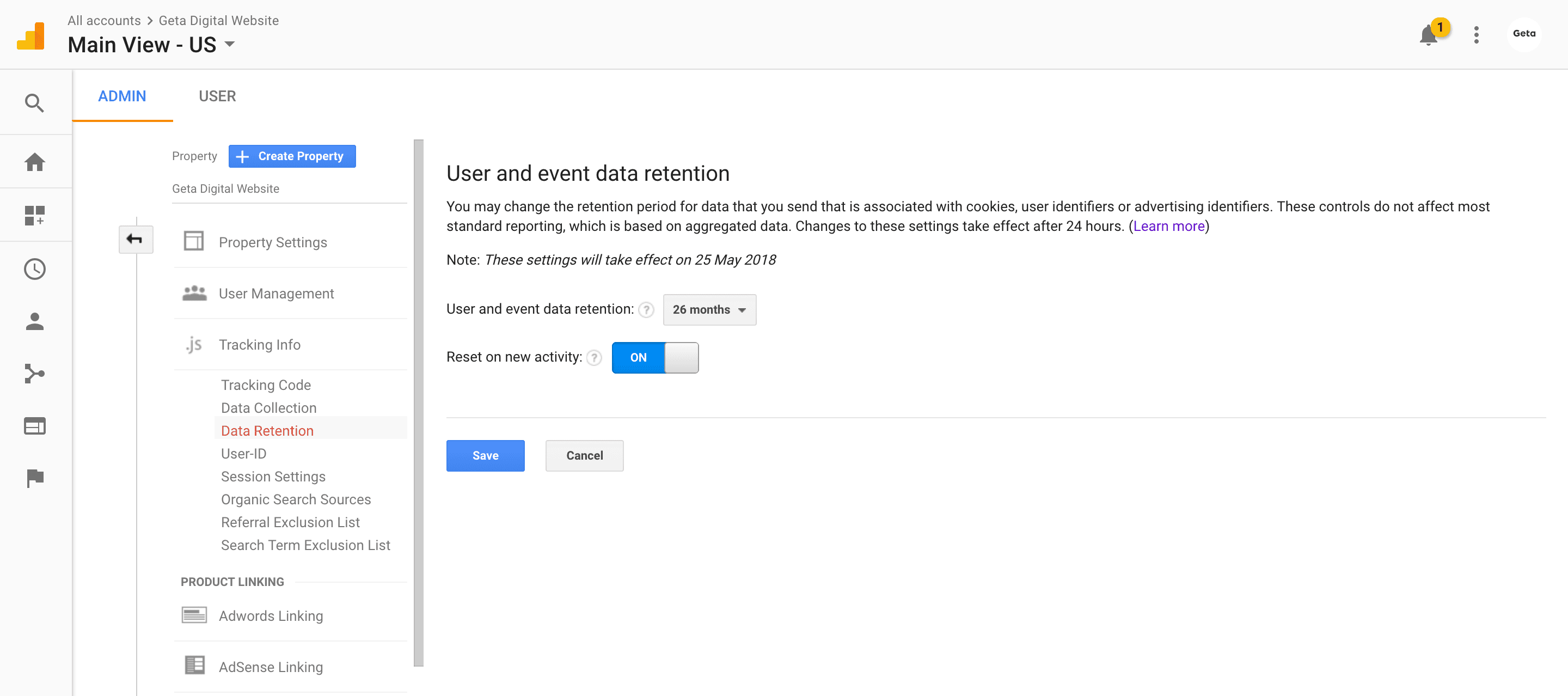 Google Analytics data retention settings screenshot