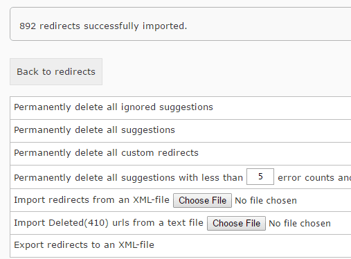 Redirects import dialog
