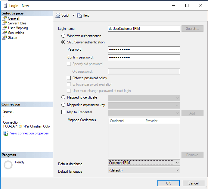Create database user dialog