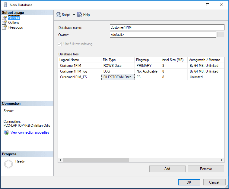 Create database dialog