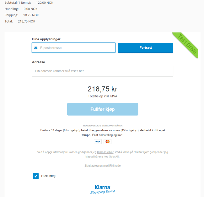 Rendered Klarna Checkout snippet