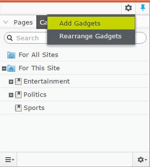 Add gadget dialog in Episerver showing Content category